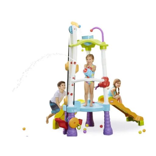 Nagy műanyag kerti játszótér csúszdával, vízágyúval és 25 labdával