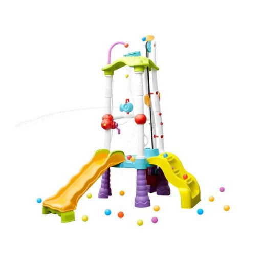 Nagy műanyag kerti játszótér csúszdával, vízágyúval és 25 labdával