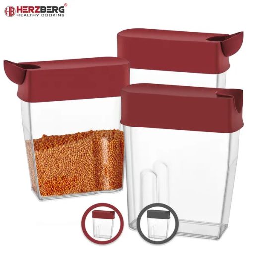 Herzberg 3 db légmentes élelmiszer-tároló doboz szett, piros, BPA-mentes műanyag