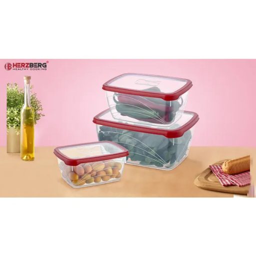 3 részes, extra mély, BPA-mentes, légmentes ételtároló doboz szett, piros