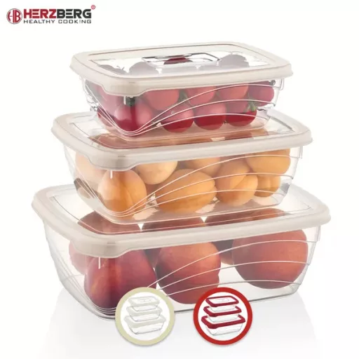 Herzberg 3 részes légmentes BPA-mentes ételtároló szett, piros