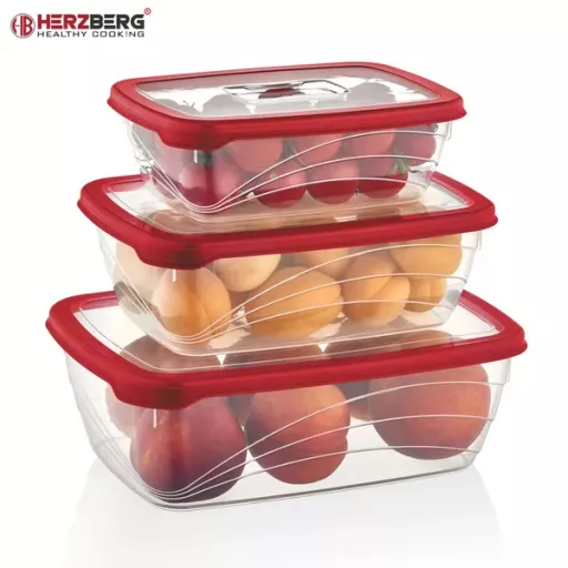 Herzberg 3 részes légmentes BPA-mentes ételtároló szett, piros
