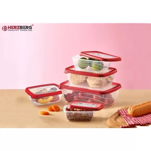 Herzberg Bio Saver 5 részes légmentes BPA-mentes ételtároló doboz szett, piros