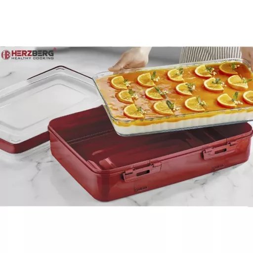 Herzberg egyszintes süteményszállító doboz, 42×30×11 cm, piros