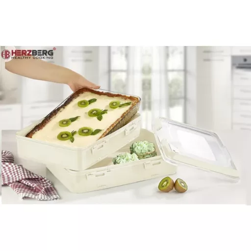 Kétszintes süteményszállító doboz elefántcsont, 42×29×18 cm