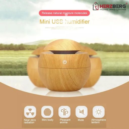 Herzberg ultrahangos aroma diffúzor, 130 ml, sötét fahatás, LED, USB