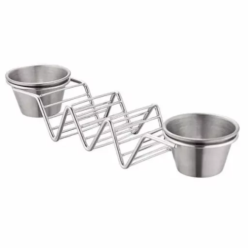 Rozsdamentes acél taco tartó 3 férőhellyel, 2 szószcsészével, sütőálló