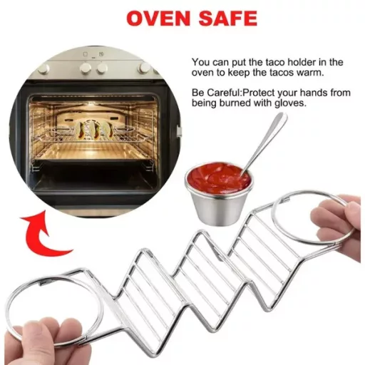 Rozsdamentes acél taco tartó 3 férőhellyel, 2 szószcsészével, sütőálló