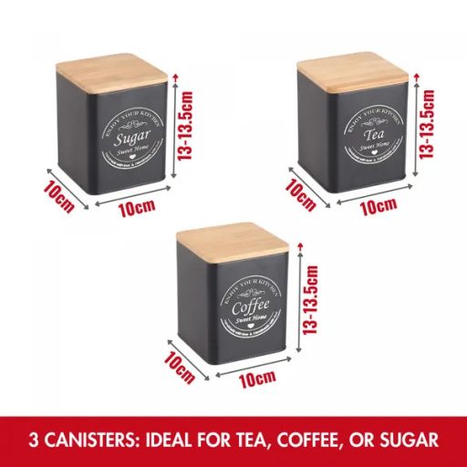 Kenyértartó készlet matt fekete fém házzal, bambusz fedéllel, 1+3 tároló