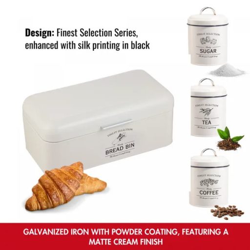 4 darabos vintage kenyértartó és fém tároló szett, matt krém