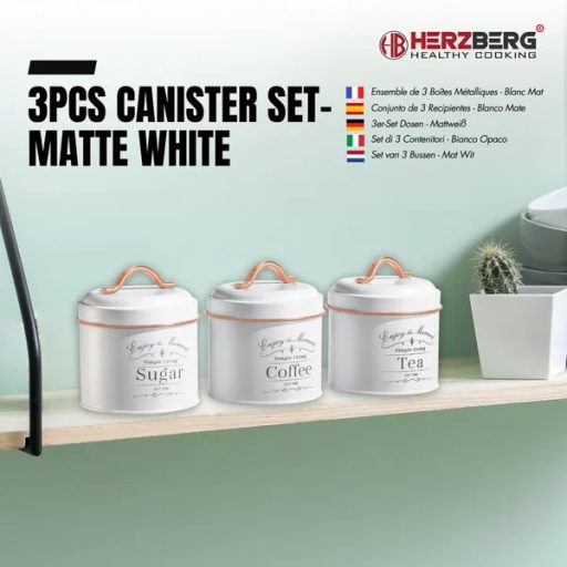 3 darabos vintage fémtároló szett, légmentes, fehér-rózsaarany, Herzberg