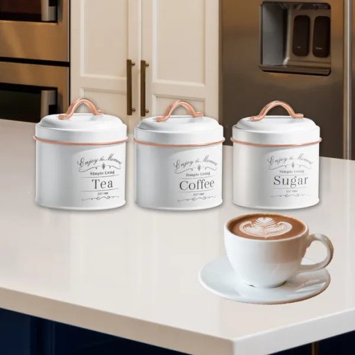 3 darabos vintage fémtároló szett, légmentes, fehér-rózsaarany, Herzberg