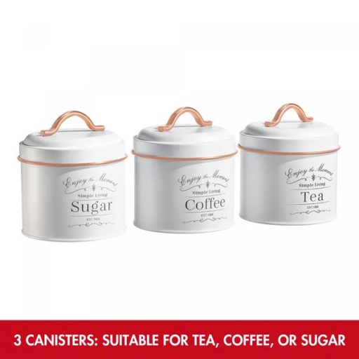 3 darabos vintage fémtároló szett, légmentes, fehér-rózsaarany, Herzberg