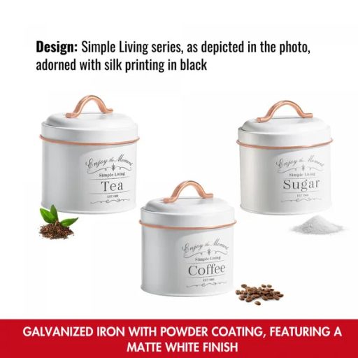 3 darabos vintage fémtároló szett, légmentes, fehér-rózsaarany, Herzberg