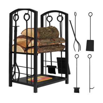   Fekete acél kandalló faállvány 4-részes szett 30 kg / 30×40×73 cm