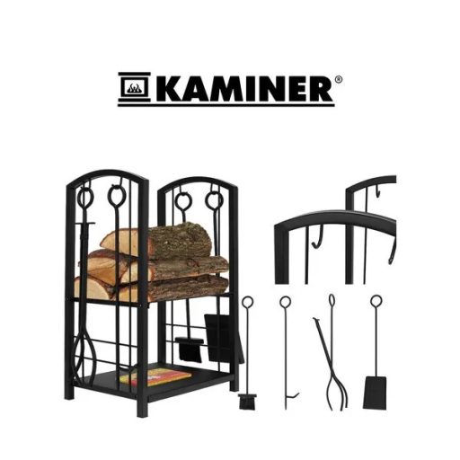 Fekete acél kandalló faállvány 4-részes szett 30 kg / 30×40×73 cm