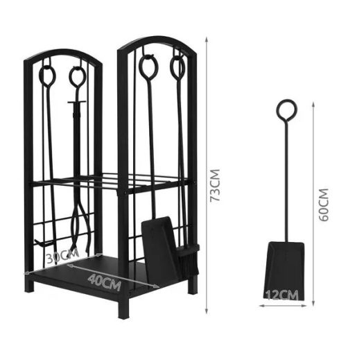 Fekete acél kandalló faállvány 4-részes szett 30 kg / 30×40×73 cm