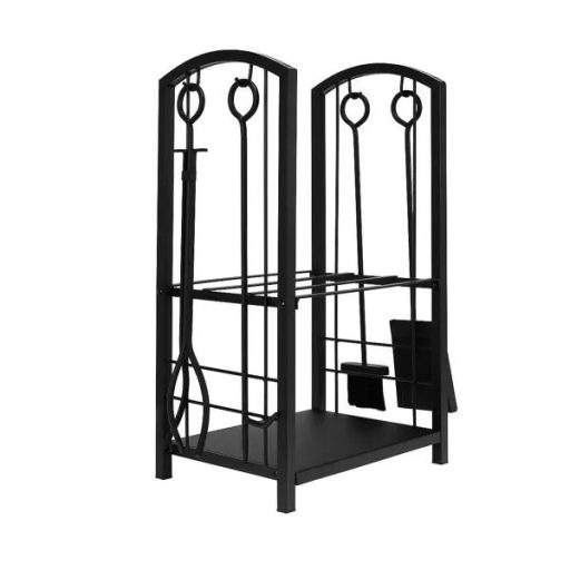 Fekete acél kandalló faállvány 4-részes szett 30 kg / 30×40×73 cm