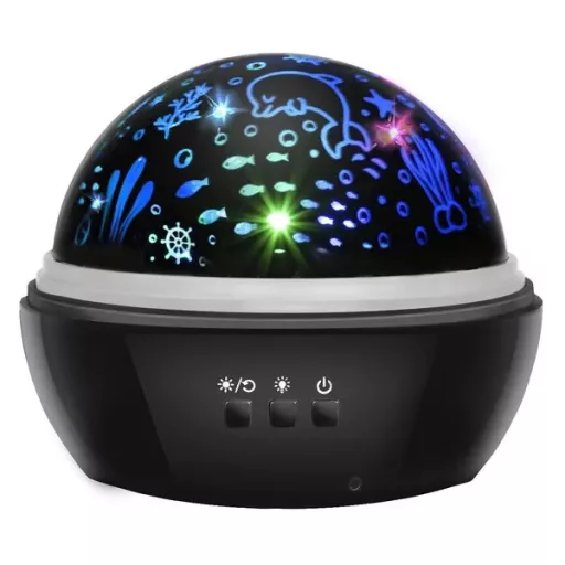 Fekete forgó éjszakai lámpa csillagos/óceáni projektorral, 4 LED szín, USB/AAA