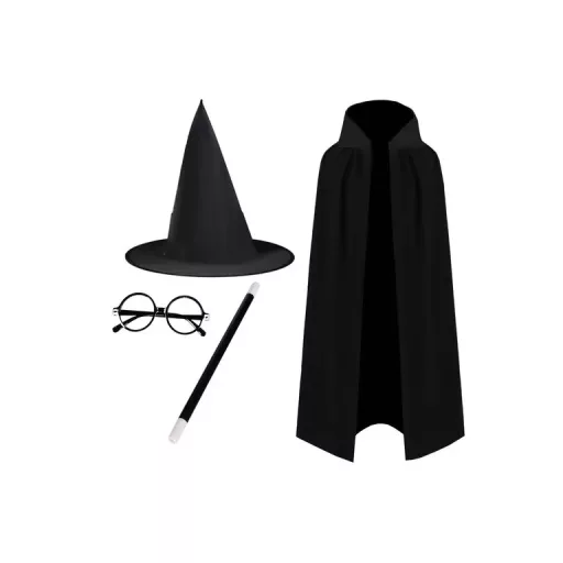 Teljes Varázsló Jelmez: Köpeny, Kalap, Varázspálca és Szemüveg