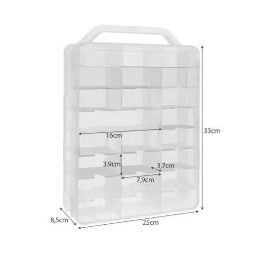 Átlátszó hordozható autós vitrines koffer, 46 rekesszel, PP, 33×25×8,5 cm