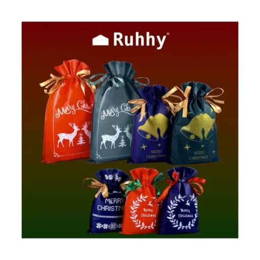 Karácsonyi ajándéktasak szett, 8 db, 3 méret, újrahasználható