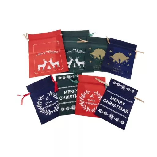 Karácsonyi ajándéktasak szett, 8 db, 3 méret, újrahasználható