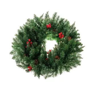   Karácsonyi ajtódísz koszorú 60 cm, sűrű PVC tűlevelek, toboz és bogyó