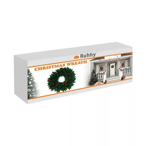 Karácsonyi ajtódísz koszorú 60 cm, sűrű PVC tűlevelek, toboz és bogyó