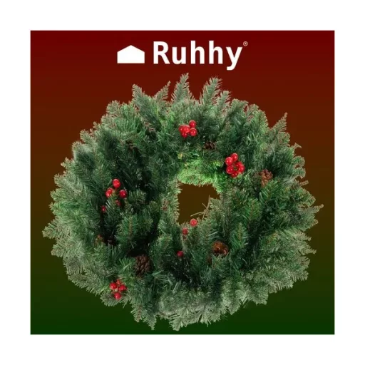 Karácsonyi ajtódísz koszorú 60 cm, sűrű PVC tűlevelek, toboz és bogyó