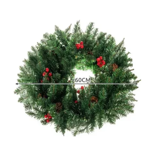 Karácsonyi ajtódísz koszorú 60 cm, sűrű PVC tűlevelek, toboz és bogyó