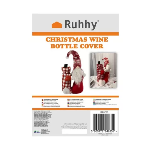 Karácsonyi manó borosüveg huzat, poliészter, 55×18×22 cm, piros-fehér