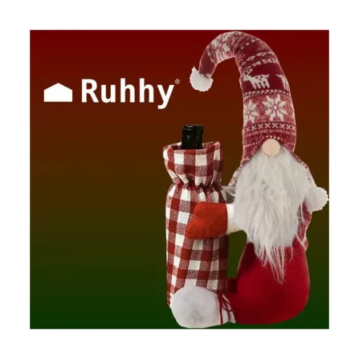 Karácsonyi manó borosüveg huzat, poliészter, 55×18×22 cm, piros-fehér