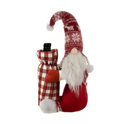 Karácsonyi manó borosüveg huzat, poliészter, 55×18×22 cm, piros-fehér