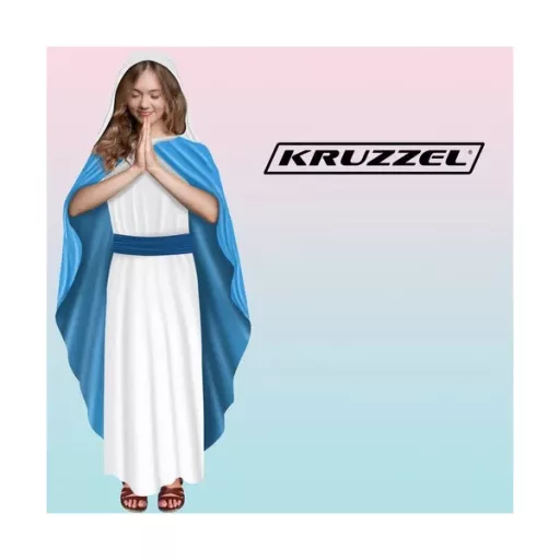 Gyerek Mária jelmez, 95 cm, fehér-kék ruha fejkendővel, poliészter