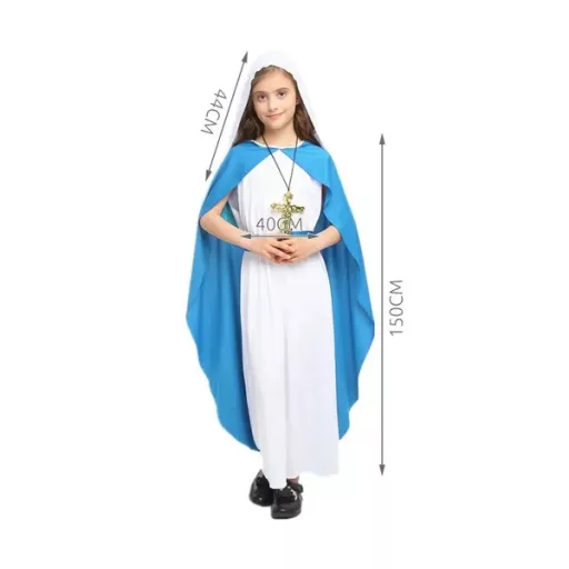 Gyerek Mária jelmez, 95 cm, fehér-kék ruha fejkendővel, poliészter