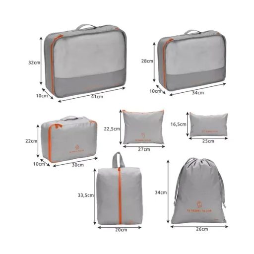 7 részes utazási rendszerező készlet, hálós és cipőtartó táskák, szürke/narancs