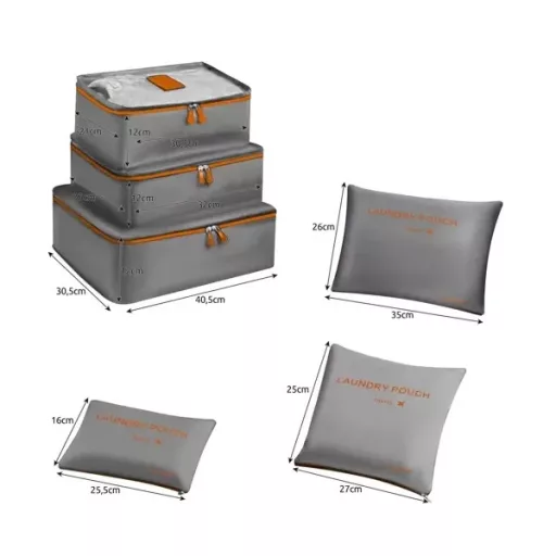 Utazó rendszerező készlet bőröndhöz, 6 db, szürke/narancs, poliészter