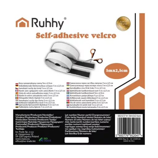 Ruhhy öntapadós tépőzár szalag, fekete, 25 mm x 5 m