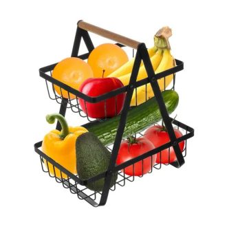   Kétszintes fekete fém gyümölcs- és zöldségtartó kosár fa fogantyúval 30×27×18 cm