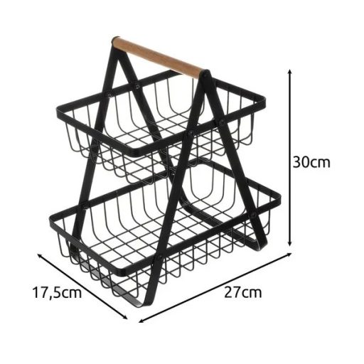 Kétszintes fekete fém gyümölcs- és zöldségtartó kosár fa fogantyúval 30×27×18 cm