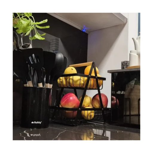 Kétszintes fekete fém gyümölcs- és zöldségtartó kosár fa fogantyúval 30×27×18 cm