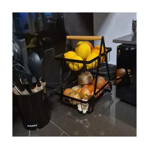 Kétszintes fekete fém gyümölcs- és zöldségtartó kosár fa fogantyúval 30×27×18 cm