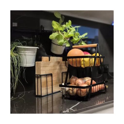 Kétszintes fekete fém gyümölcs- és zöldségtartó kosár fa fogantyúval 30×27×18 cm