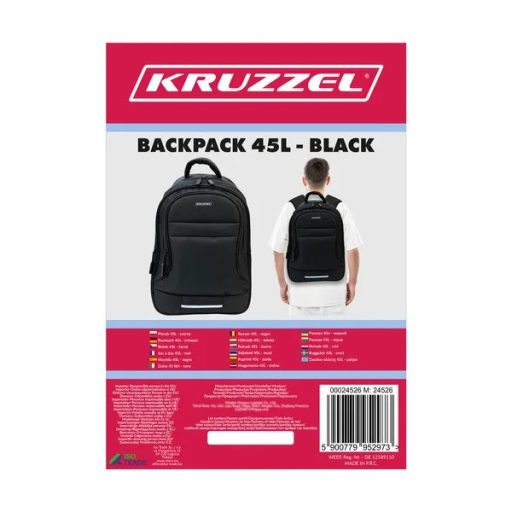 Fekete 45 l-es oxford 600D ergonomikus hátizsák reflektív csíkkal