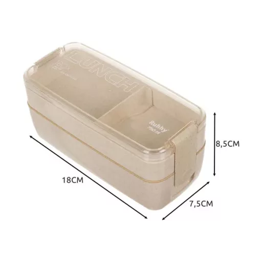 Bézs, 2 szintes búzaszalma ebédlő doboz, 750 ml, evőeszközzel