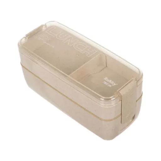 Bézs, 2 szintes búzaszalma ebédlő doboz, 750 ml, evőeszközzel