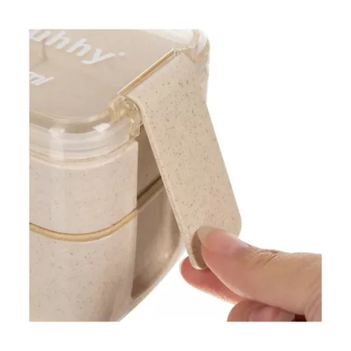 Bézs, 2 szintes búzaszalma ebédlő doboz, 750 ml, evőeszközzel