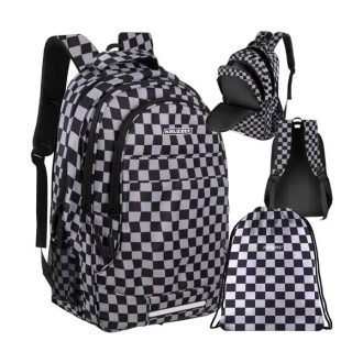   Fekete kockás iskolai hátizsák 30 l cipőzsákkal, oxford 600D