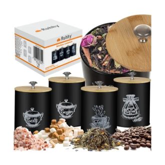   4 részes, 1,5 l-es fekete légmentes ételtároló készlet bambusz fedéllel